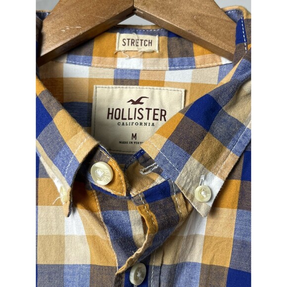 Hollister Shirt Long Sleeve Button Down Collar Blue Plaid Stretch Men Medium - Picture 3 of 5